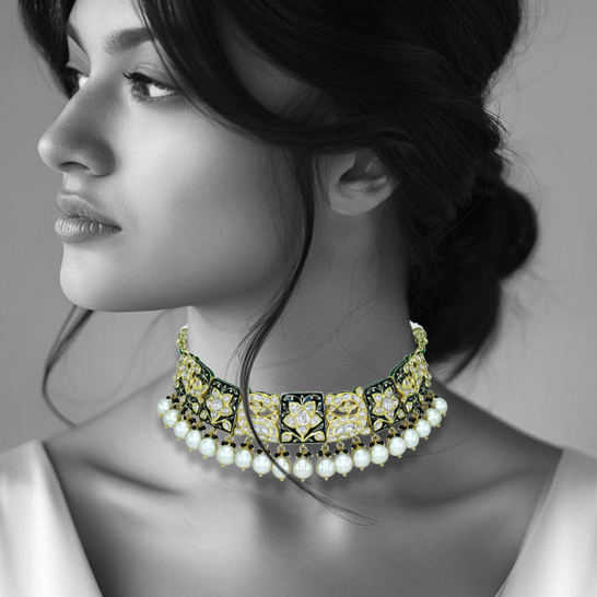 Polki Choker Necklace with Black Enamel and Pearls